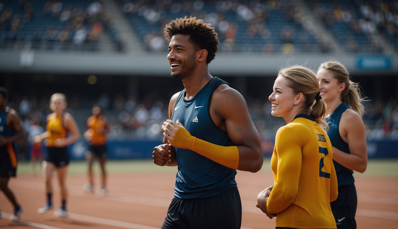 A group of athletes in team sports celebrate a win, while an individual athlete in a solitary sport looks focused and determined