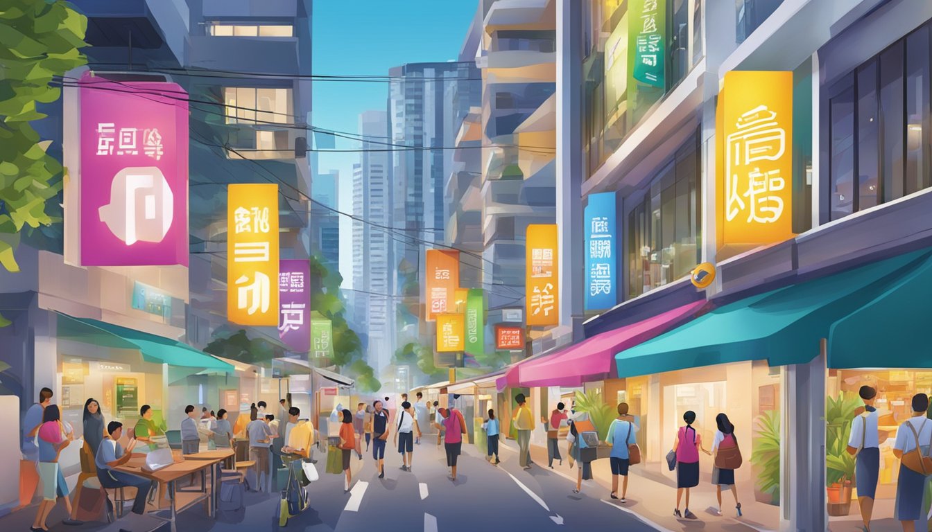 A bustling street in Bencoolen, Singapore with colorful signage for licensed money lenders, capturing the vibrant atmosphere and diverse clientele