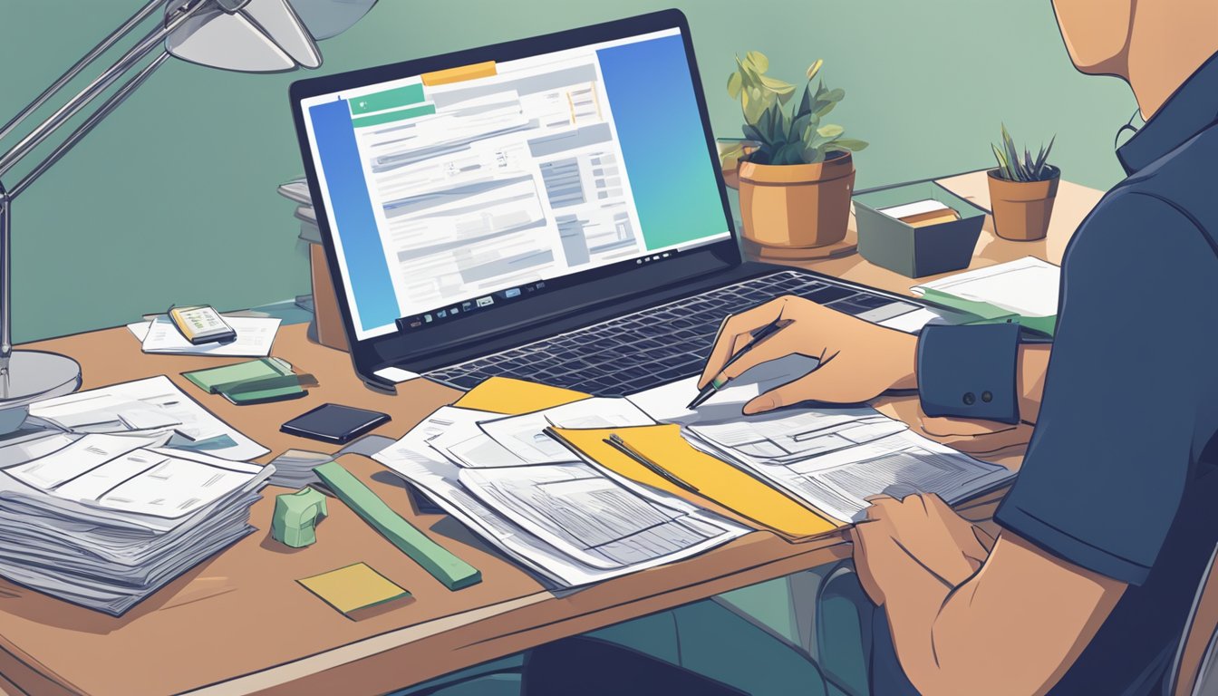 A person sitting at a desk, surrounded by paperwork and a laptop, with a calculator and financial documents spread out in front of them. The person looks thoughtful and focused as they consider borrowing from a licensed money lender in Bencoolen, Singapore
