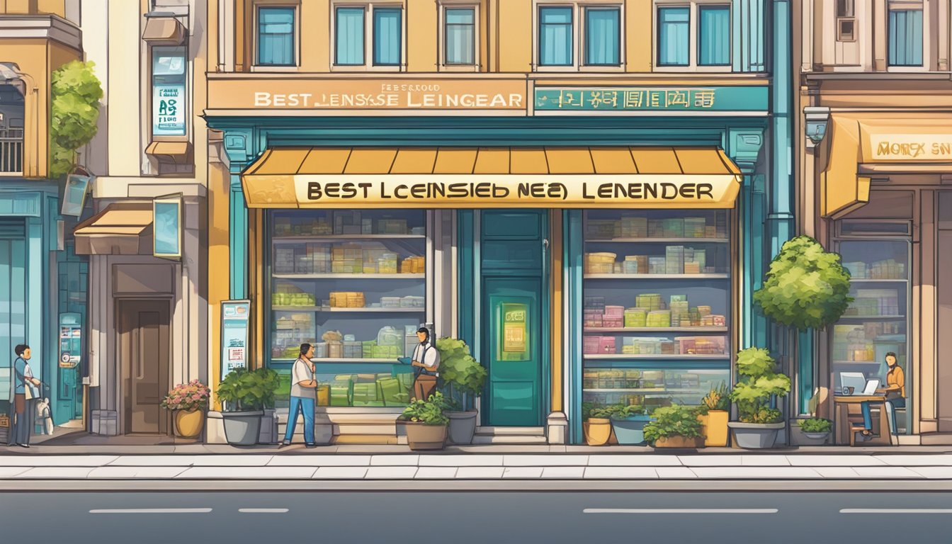 A storefront sign reads "Best Licensed Money Lender Near Pioneer Singapore." Surrounding buildings and a bustling street suggest a busy urban area