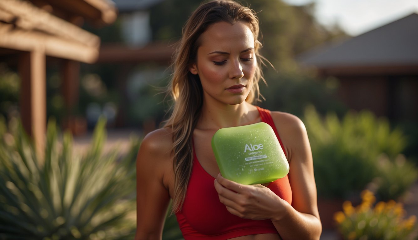 A woman applies aloe vera gel to her red, irritated skin. She holds an ice pack to her shoulder, trying to soothe the painful sports bra tan line