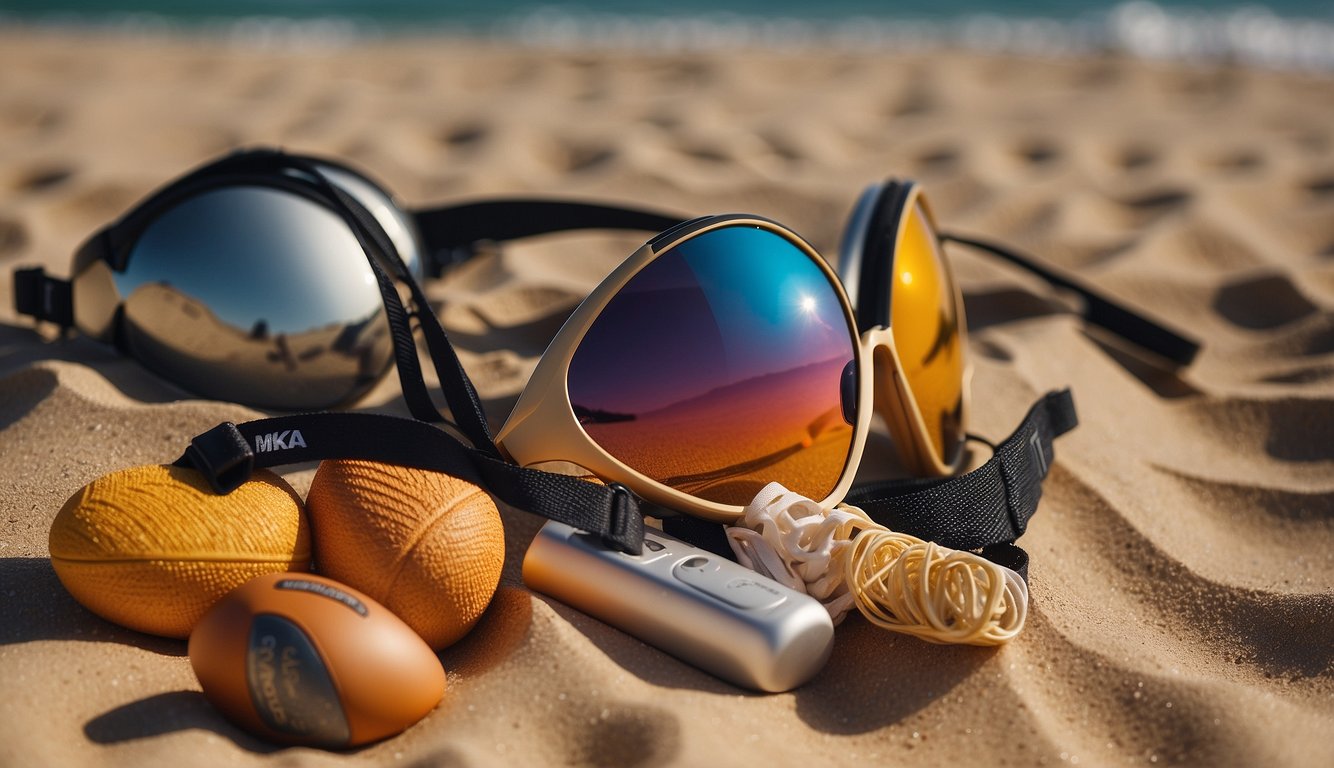 A sunny beach with a woman's sports bra lying on the sand, surrounded by various tanning products and accessories