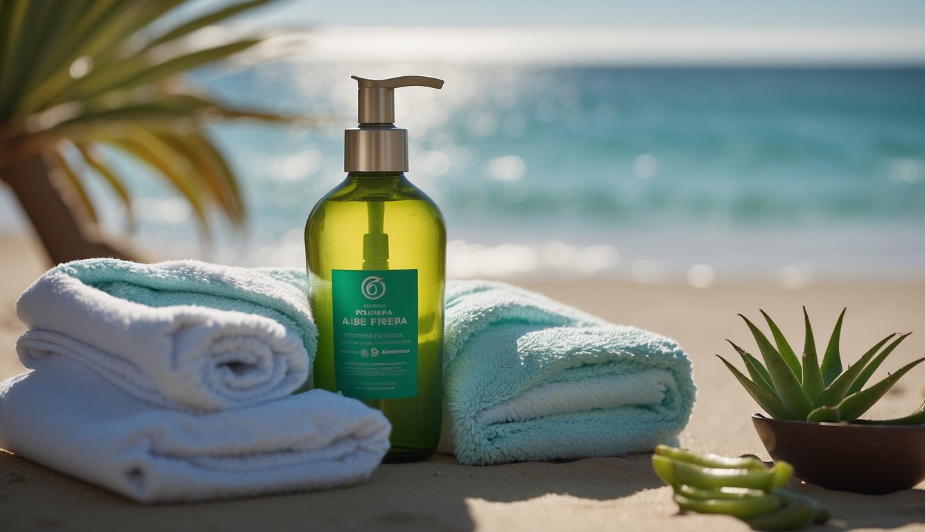 A bottle of moisturizer next to a towel, sunglasses, and aloe vera gel on a beach chair. A sports bra lies discarded nearby