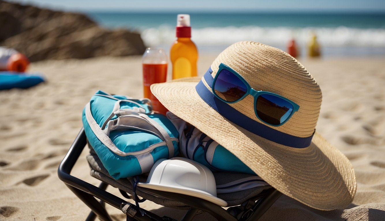 A woman's sports bra lies discarded on a sunny beach chair, while a bottle of sunscreen and a wide-brimmed hat sit nearby