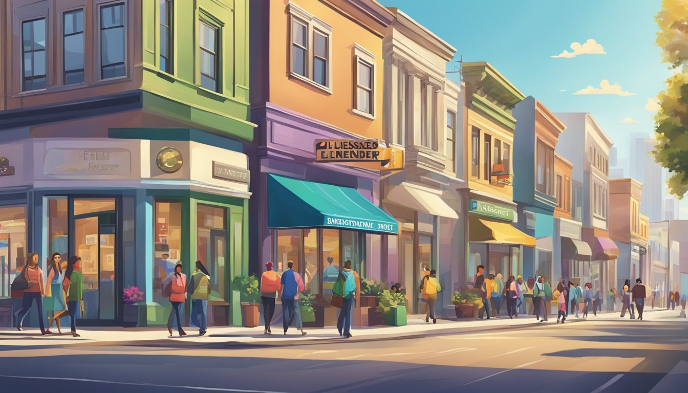 A bustling street near Pioneer with a prominent sign for a licensed money lender. Bright and modern storefronts line the road, with people coming and going