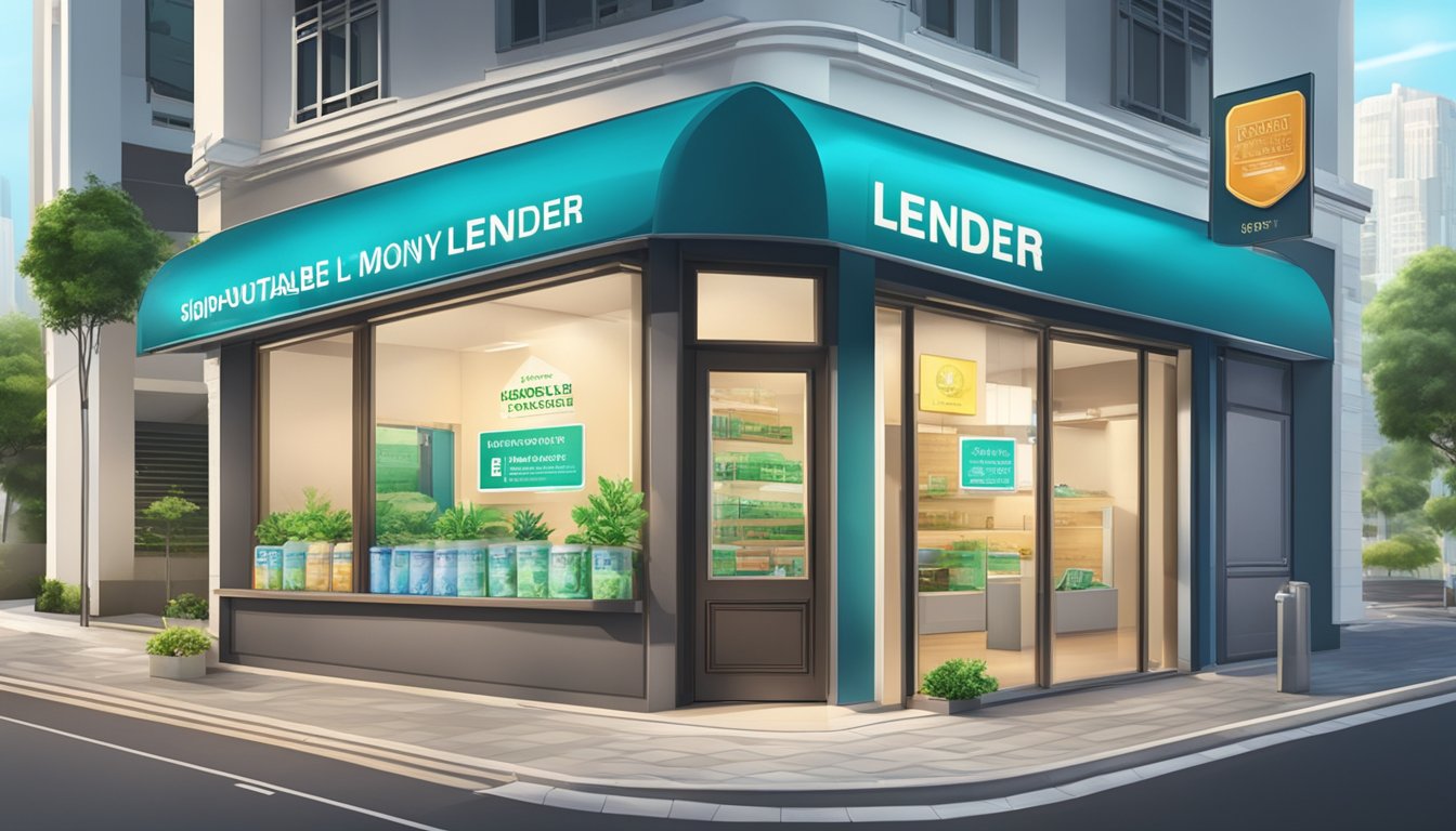 A signboard with "Reputable Licensed Money Lender" near Pioneer, Singapore. Bright, clean storefront with official licensing displayed prominently