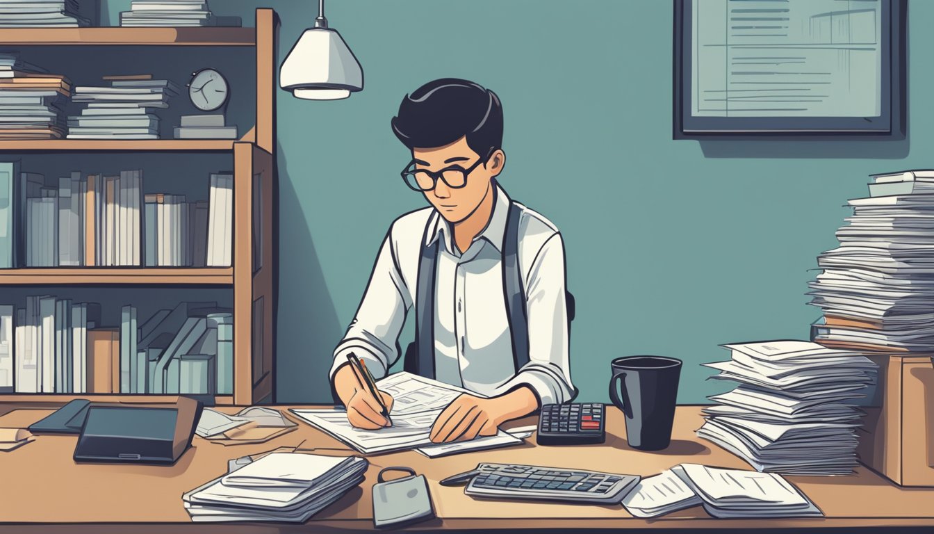 A person sitting at a desk, surrounded by paperwork and a laptop, with a calculator and pen in hand, looking contemplative while considering borrowing from a licensed money lender in Pioneer, Singapore
