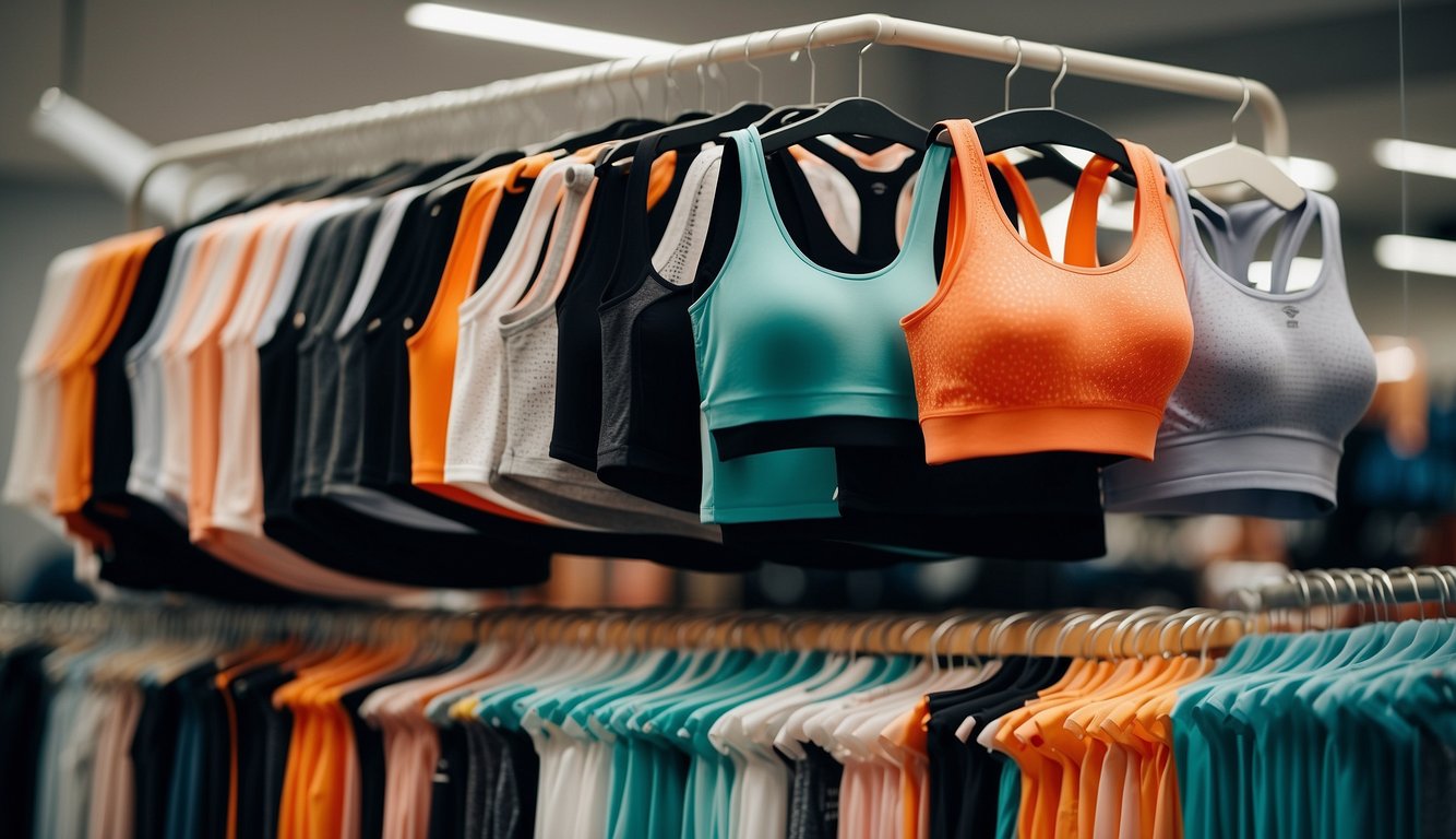 A display of various sports bra alternatives: crop tops, compression tops, and high-impact bras on a clothing rack