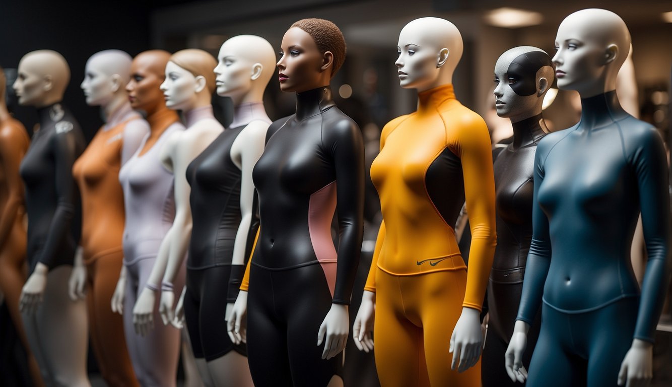 A diverse group of mannequins with varying body types and sizes wearing different styles of supportive athletic wear