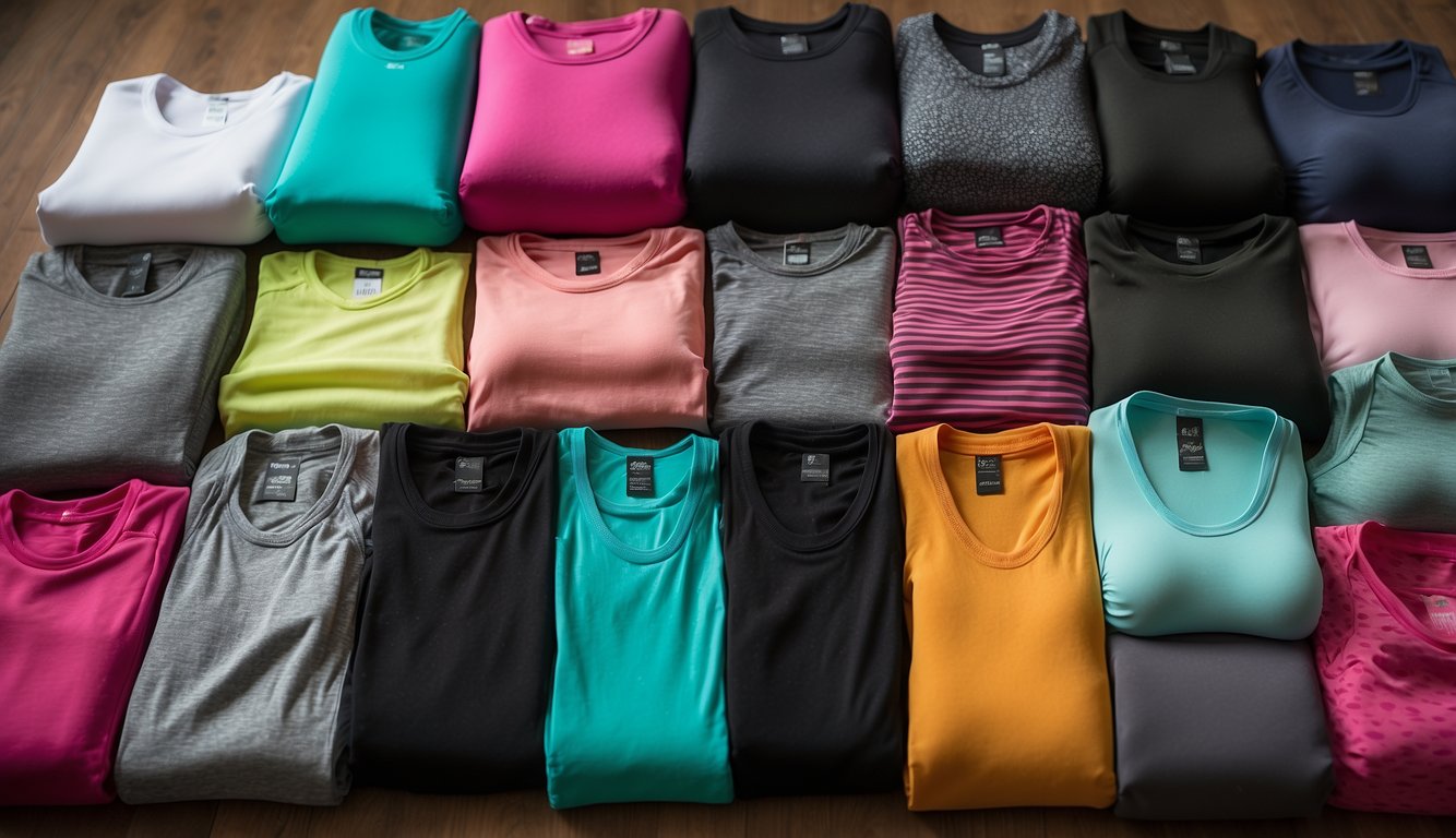 A pile of workout clothes laid out with various non-bra alternatives, such as crop tops, tank tops, and compression tops, neatly arranged next to them