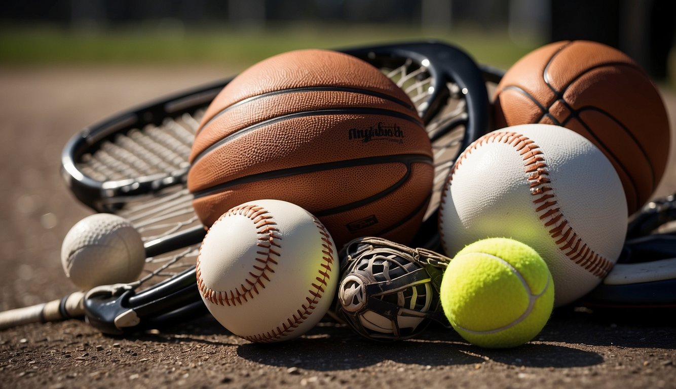 A collection of sports equipment scattered on the ground, including a basketball, soccer ball, tennis racket, and baseball glove