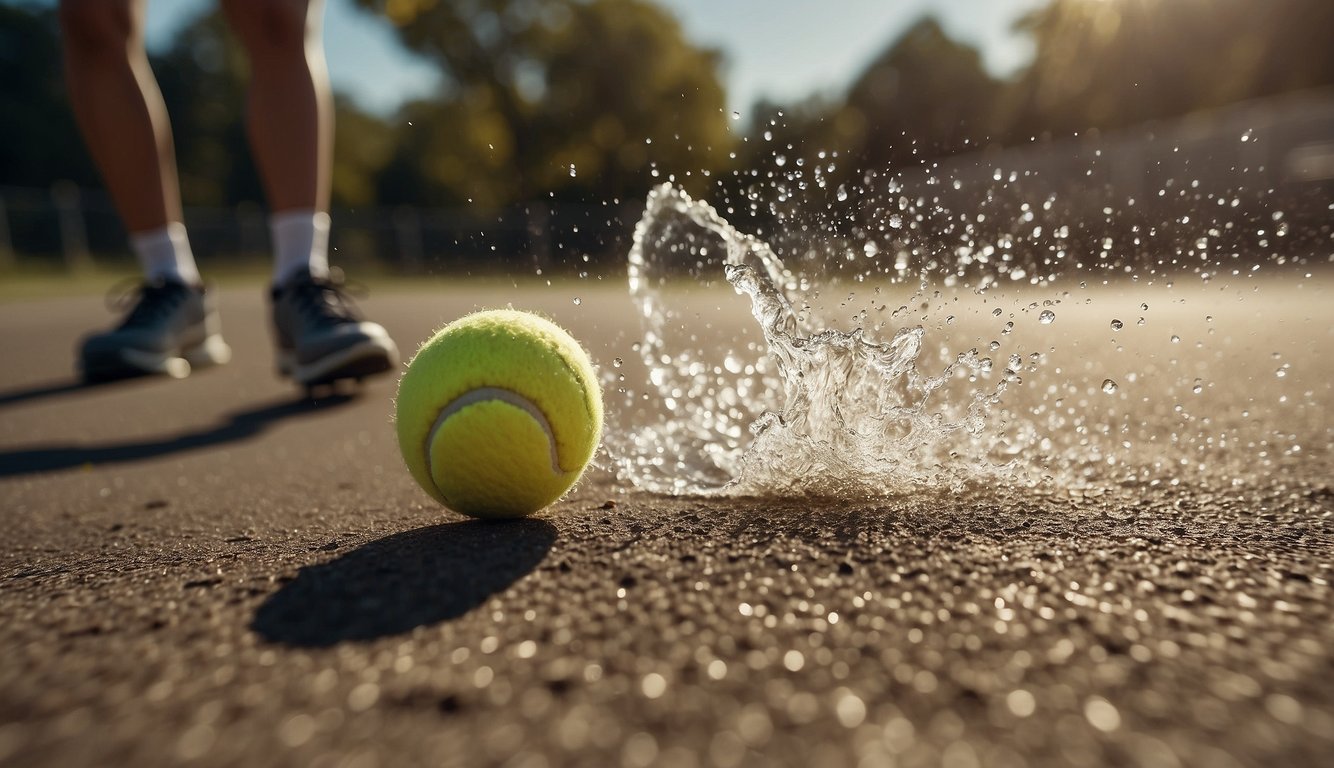 A tennis ball flying across a sunlit court, a golfer swinging a club, a swimmer slicing through clear water, and a cyclist speeding along a winding road