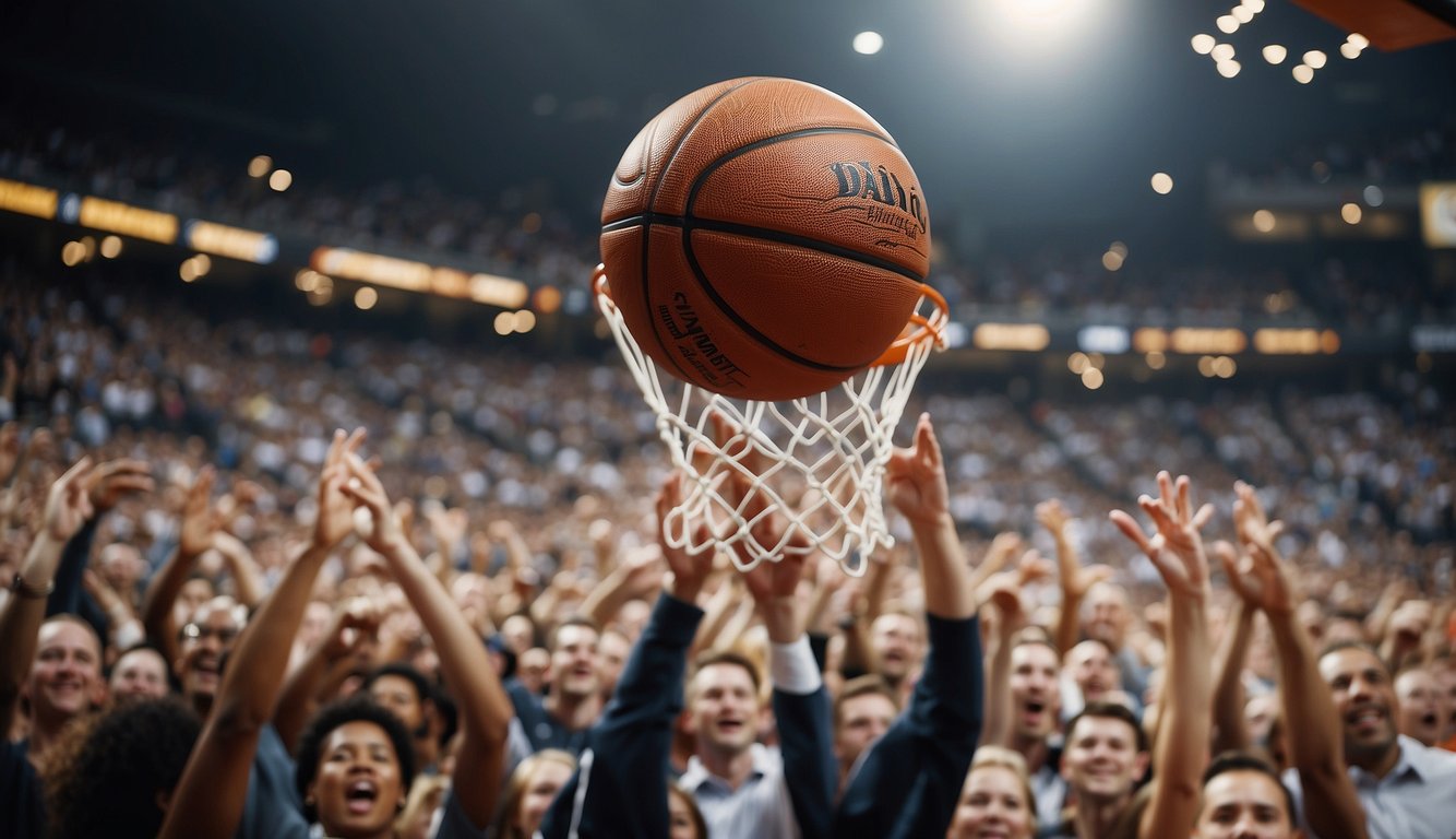 A basketball soaring through the air towards the hoop, with the crowd cheering in the background