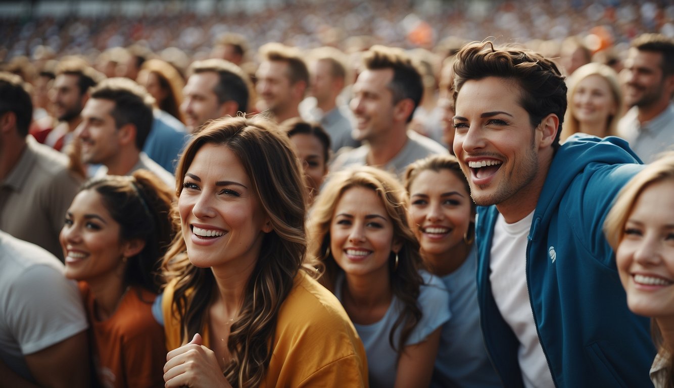 A group of people gather around a sports event, cheering and interacting with each other, creating a lively and social atmosphere