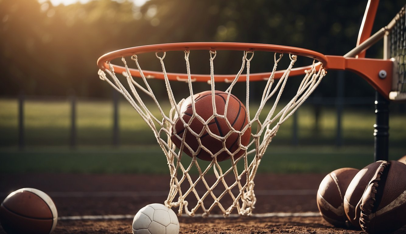 A basketball hoop surrounded by soccer balls, tennis rackets, and a baseball glove