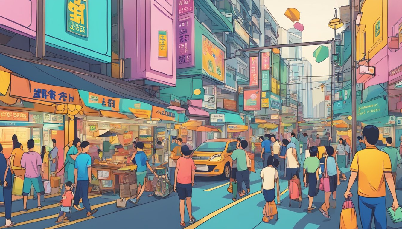 A bustling street in Joo Koon, Singapore, with a prominent sign reading "Best Licensed Money Lender." Bright colors and busy foot traffic