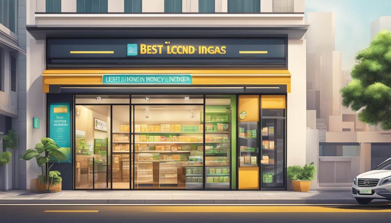 A storefront with a prominent sign reading "Best Licensed Money Lender in Joo Koon Singapore." Bright and inviting with a professional atmosphere