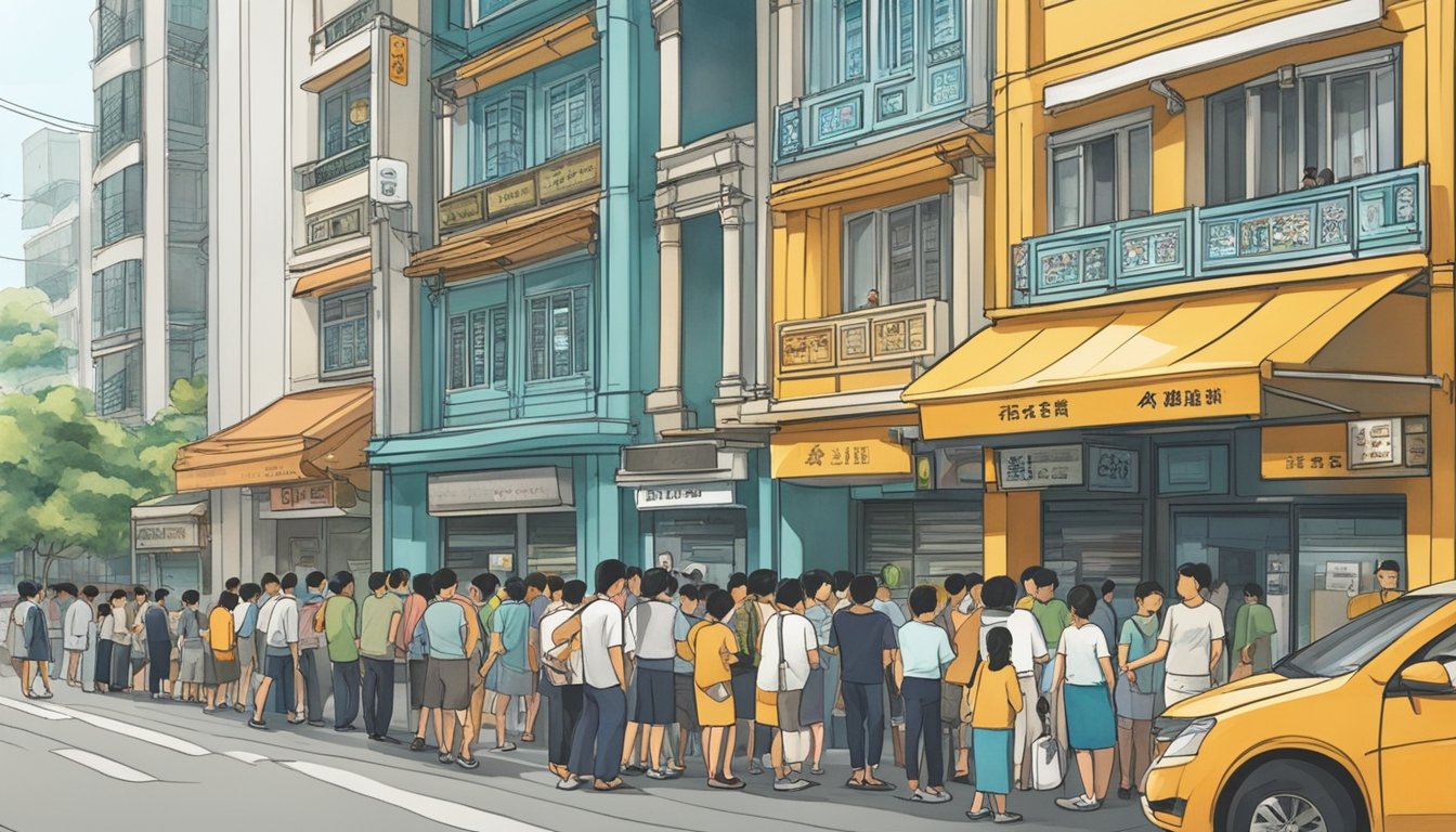 A bustling street in Joo Koon, Singapore, with a prominent sign for the best licensed money lender. People are seen entering and exiting the establishment, while others wait in line. The scene exudes a sense of trust and reliability