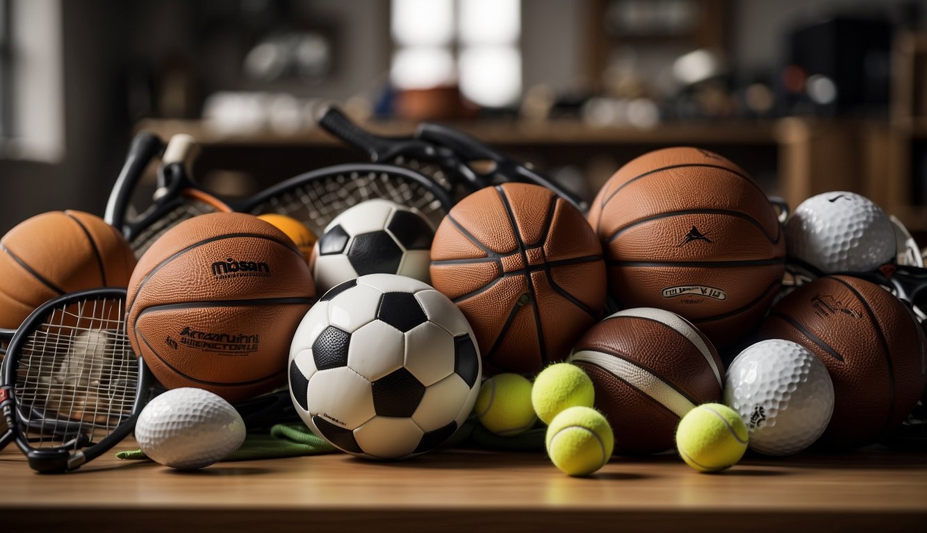 Multiple sports equipment scattered around a cluttered room, including basketballs, soccer balls, tennis rackets, and golf clubs