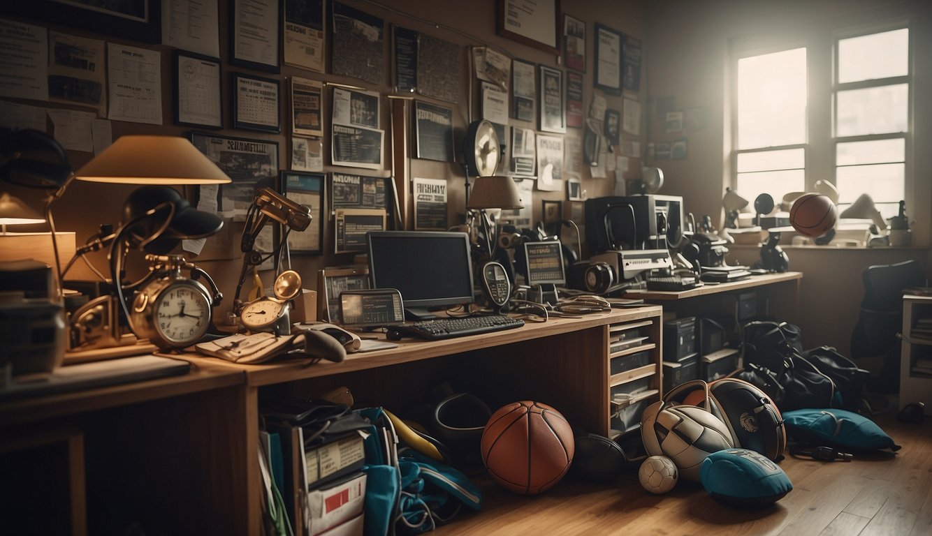 A cluttered room with multiple sports equipment, trophies, and calendars showing overlapping schedules. Signs of exhaustion and stress evident