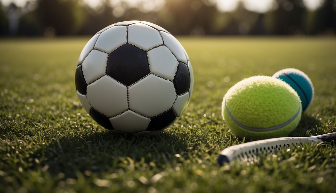 A soccer ball, basketball, and tennis racket lay on a grassy field, each separated by a clear boundary line