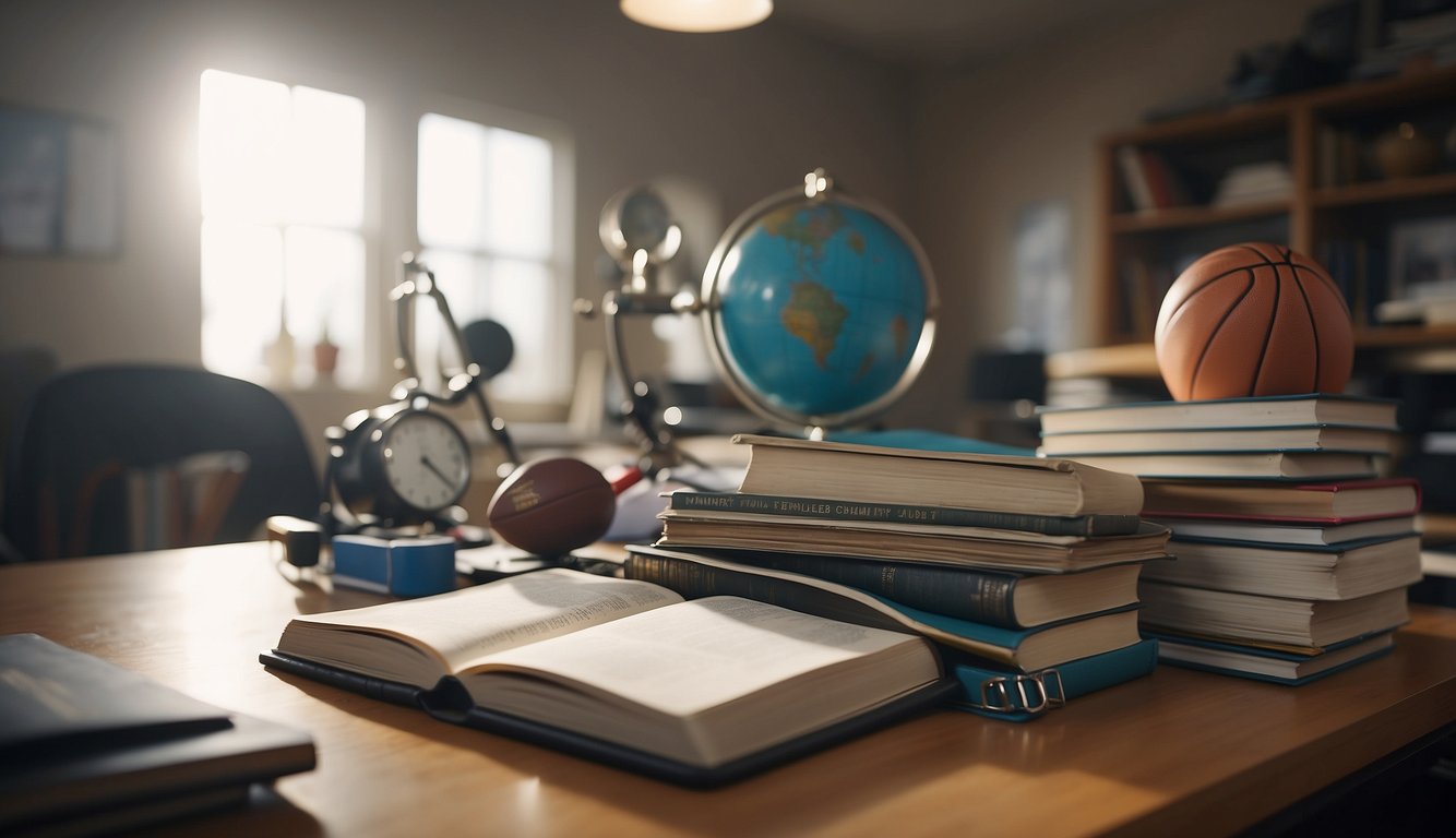 A cluttered desk with textbooks and sports equipment. A calendar filled with overlapping practice schedules. A tired student athlete balancing academics and sports