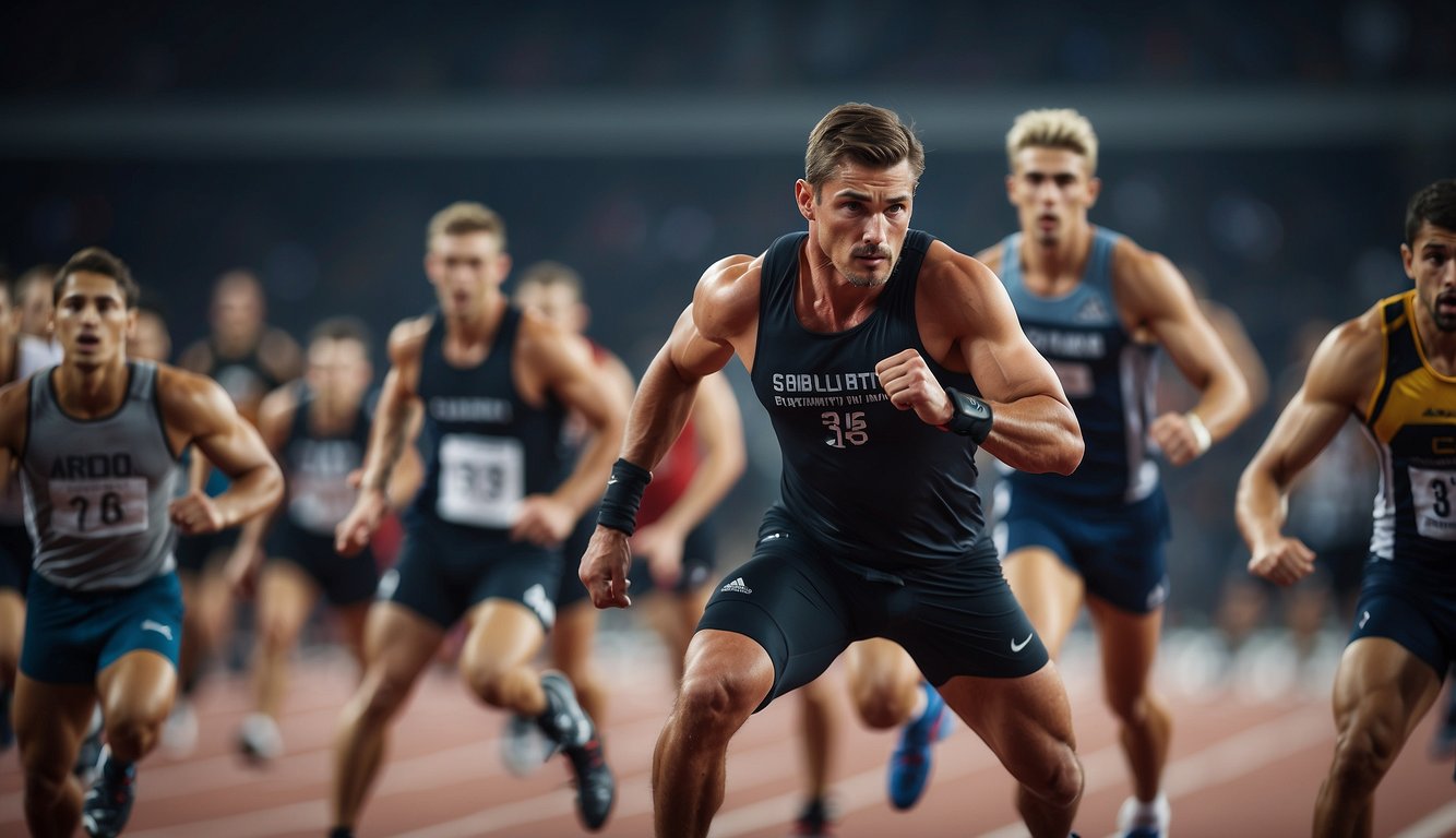 Athletes training in various sports, equipment scattered around, intense focus and determination evident