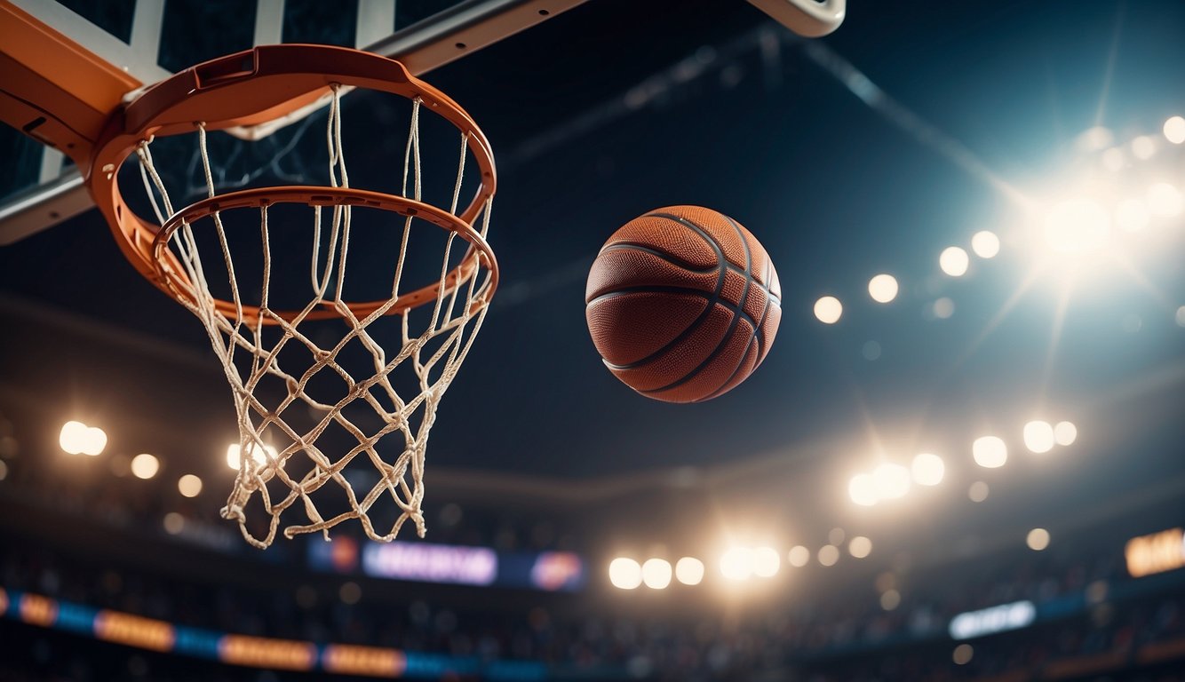 A basketball soaring through the air towards a hoop, while a virtual soccer ball glows on a screen, highlighting the contrast between physical and digital sports