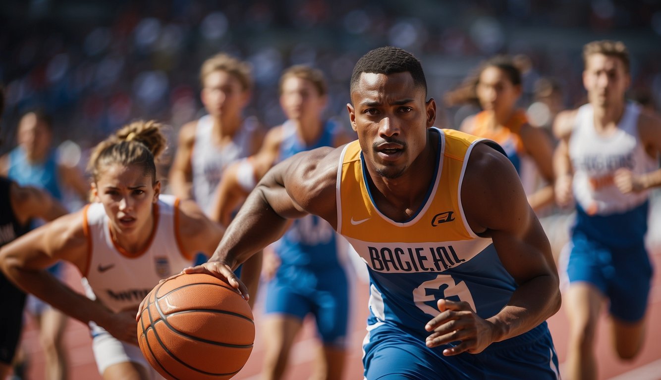 A group of athletes engaging in various sports activities, such as basketball, soccer, and track and field, with a backdrop of vibrant and energetic atmosphere