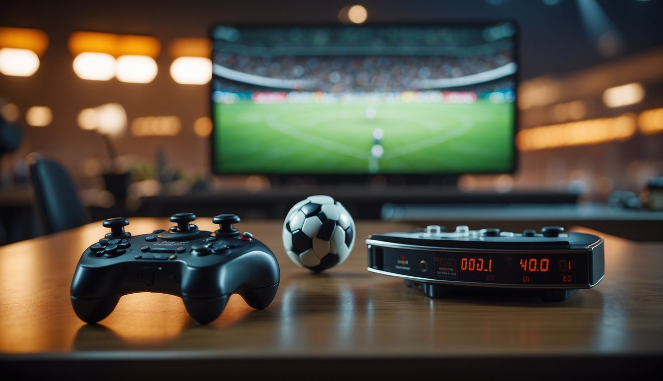 A soccer ball and a video game controller sit side by side on a table, with a scoreboard in the background showing a soccer match and a video game competition