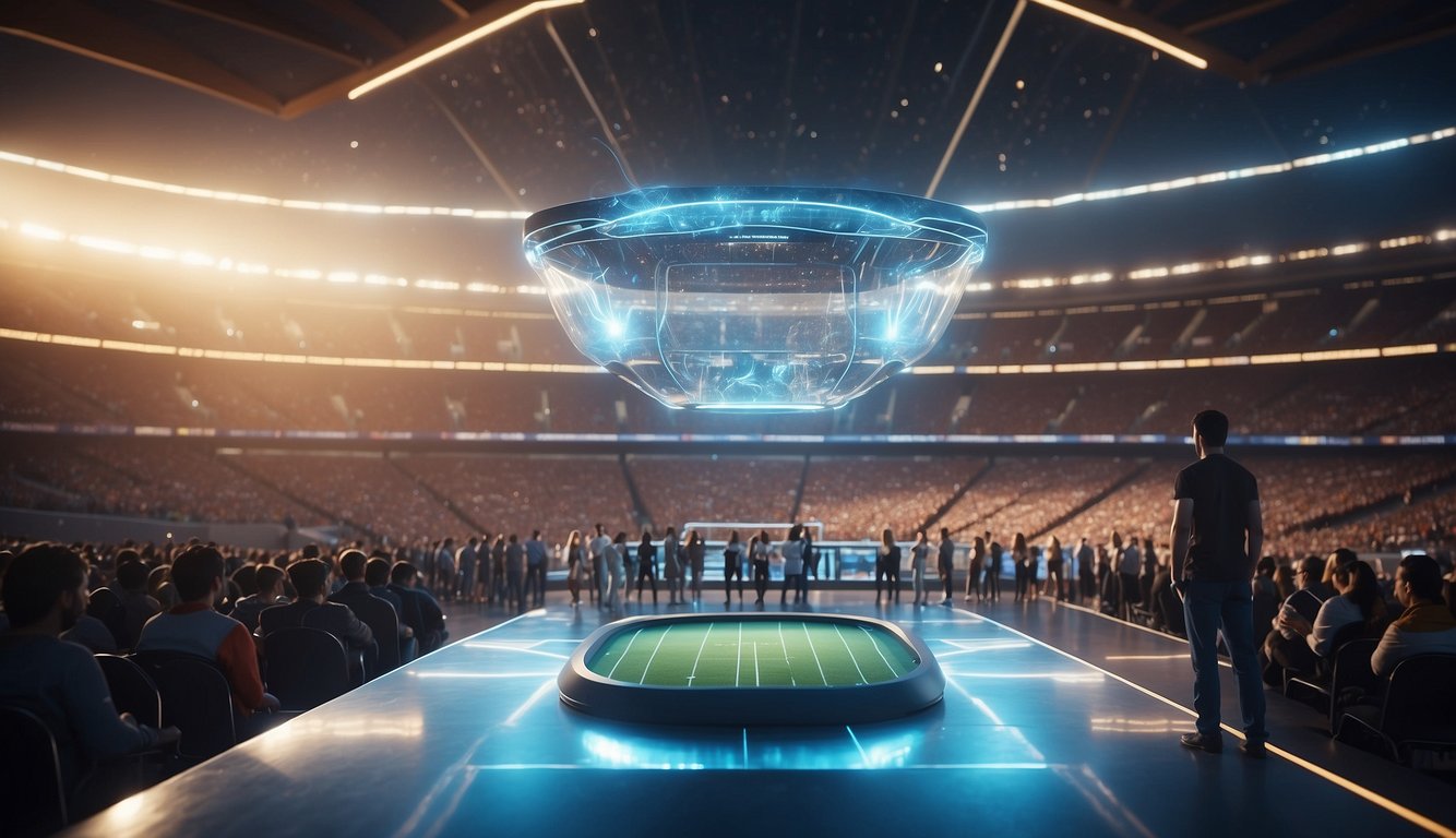 A futuristic stadium with holographic sports matches, surrounded by people of all abilities accessing the games through advanced technology