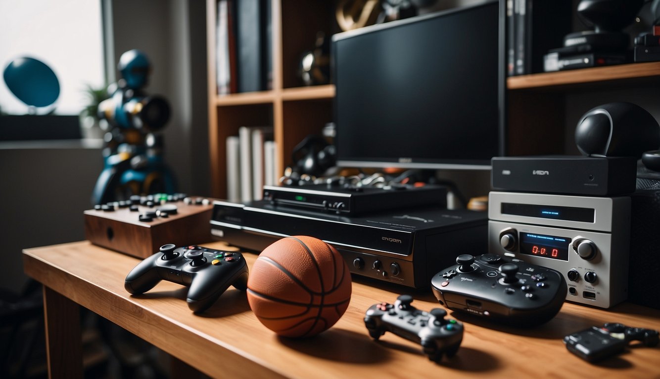 Various sports equipment and video game consoles arranged on a shelf, with a basketball hoop and gaming controllers nearby