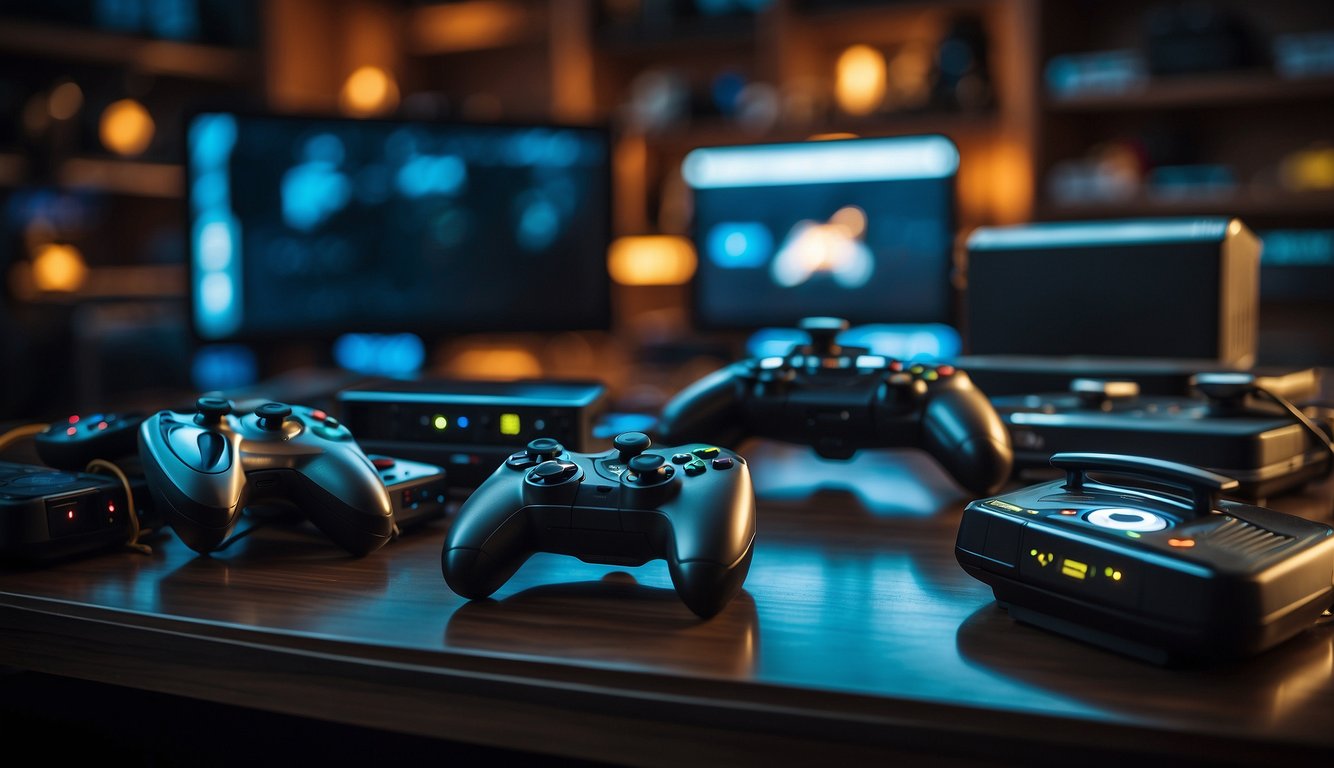 A group of sports equipment and video game consoles sit side by side. The sports equipment is vibrant and dynamic, while the video game consoles appear static and lifeless