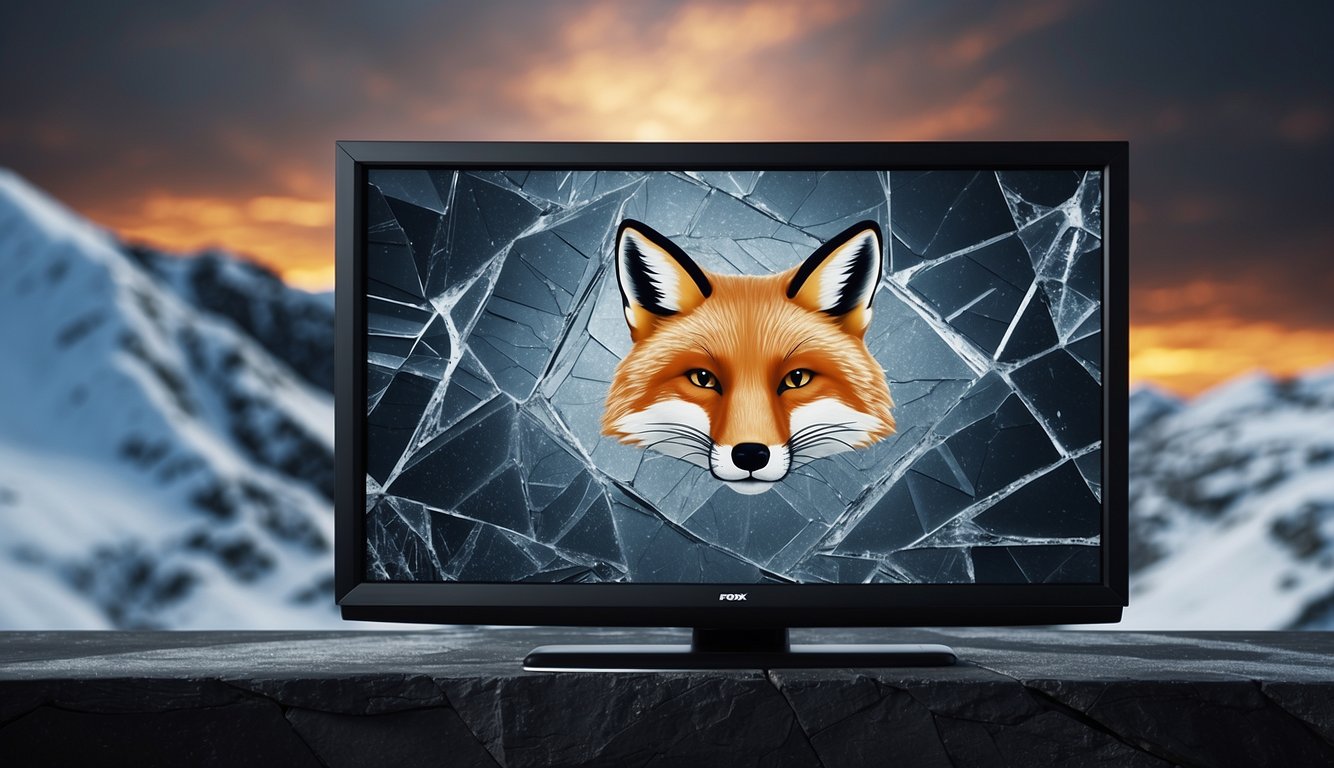 A broken TV screen with the Fox Sports logo frozen in the center, surrounded by static and distorted images