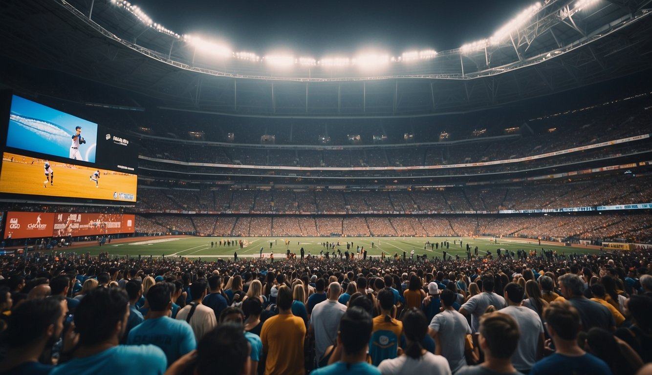 A stadium filled with cheering fans, banners promoting sports brands, and marketing booths lining the concourse