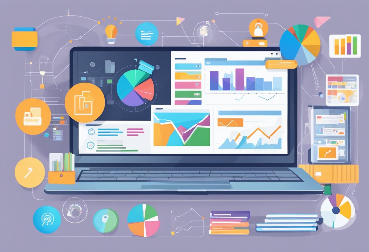 A laptop surrounded by various digital marketing tools and strategies. Graphs and charts on the screen show online marketing data