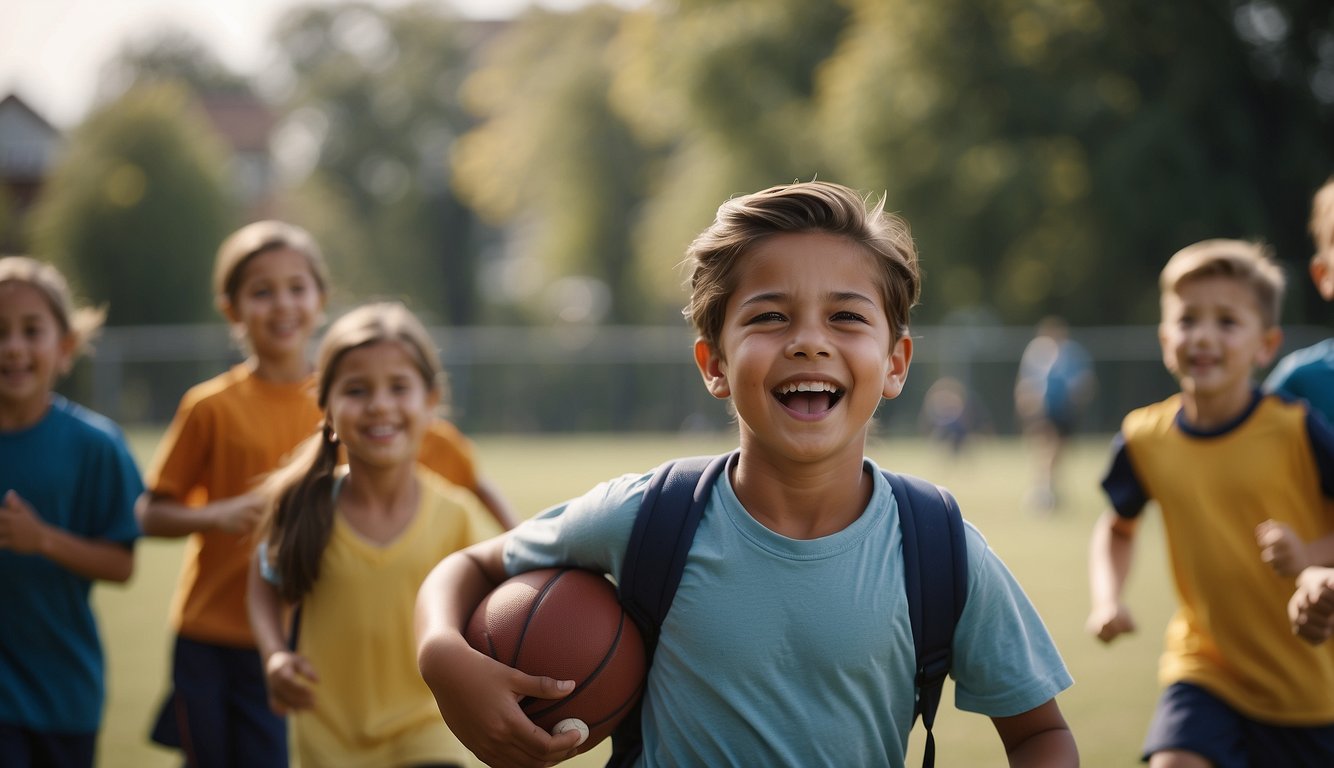 A group of children playing sports at school, some laughing and having fun while others look stressed and frustrated