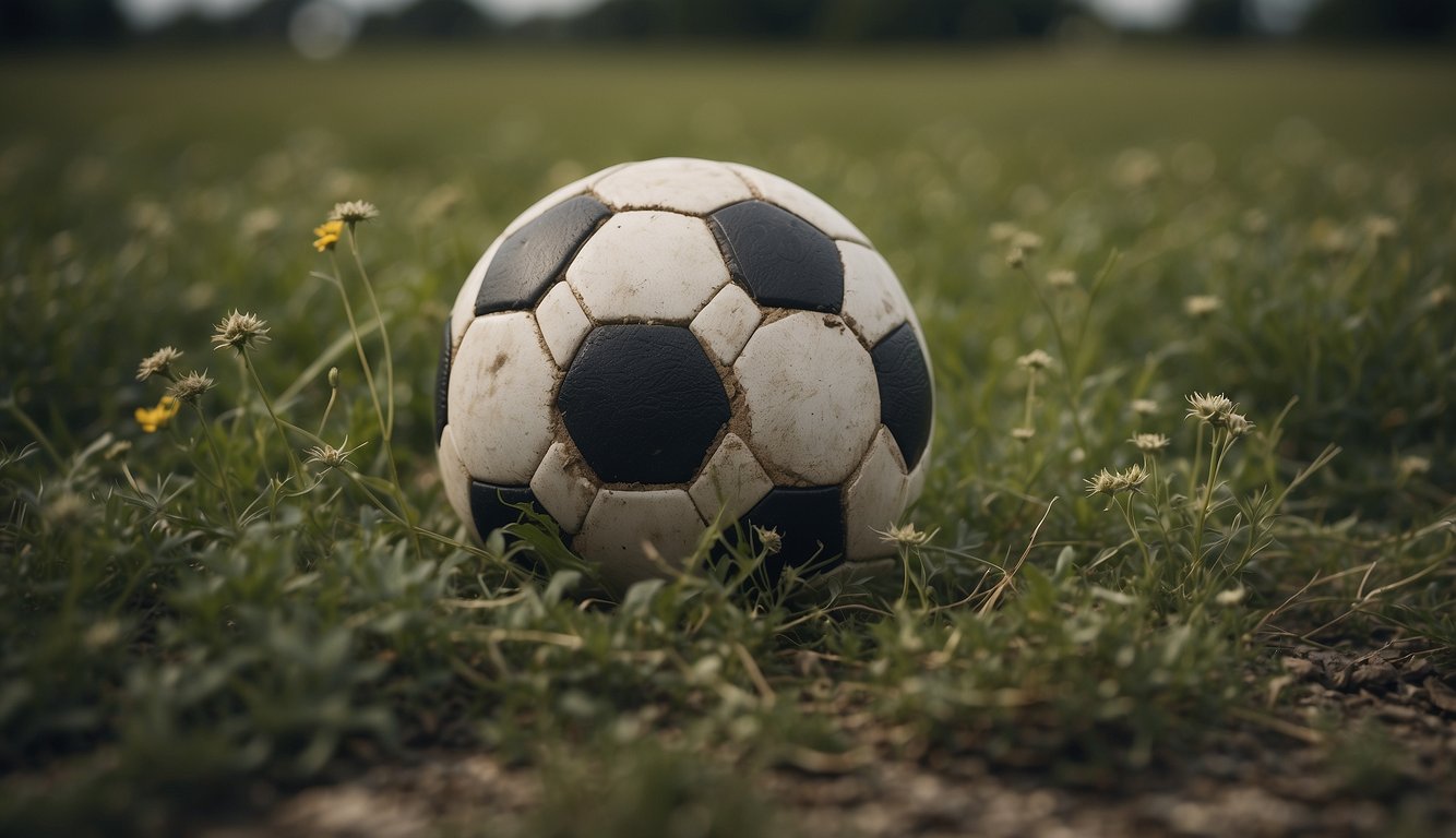 A soccer ball lies abandoned on a deserted field, overgrown with weeds, symbolizing the decline of sports in the face of global trends and evolving landscapes