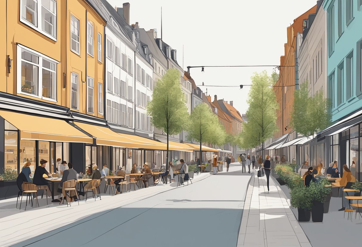 A bustling Copenhagen street lined with trendy coffee shops in 2024. Modern architecture and outdoor seating create a vibrant and inviting atmosphere