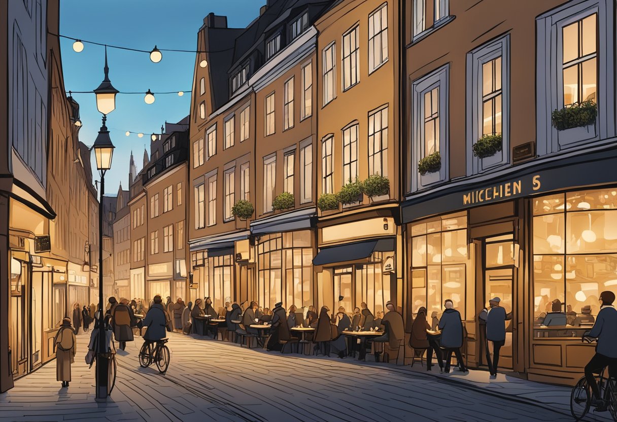 A bustling street in Copenhagen, lined with Michelin-starred restaurants, illuminated by the soft glow of streetlights and the warm ambiance of the dining establishments