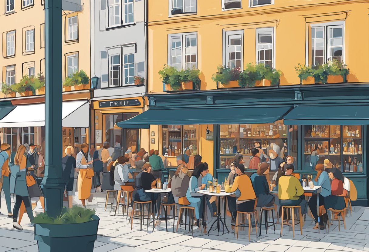 A bustling street in Copenhagen lined with trendy bars and colorful signage. Outdoor seating and groups of people enjoying drinks and conversation