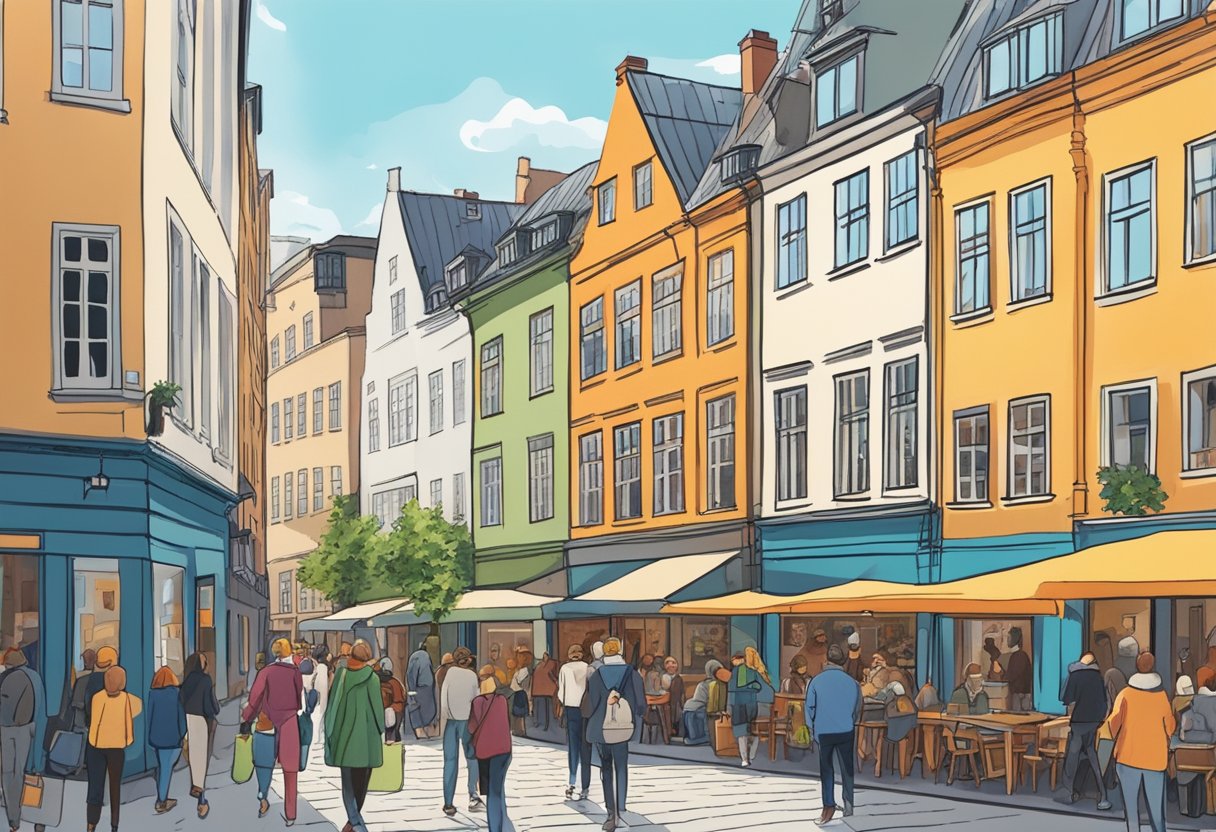 A bustling street in Copenhagen lined with colorful museums and galleries, with people strolling and admiring the art