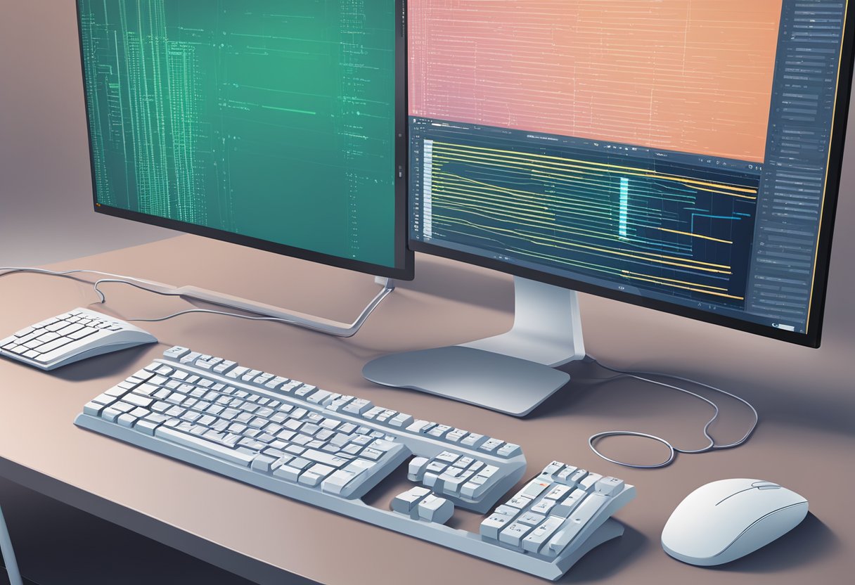 A computer screen displaying lines of code with a keyboard and mouse nearby