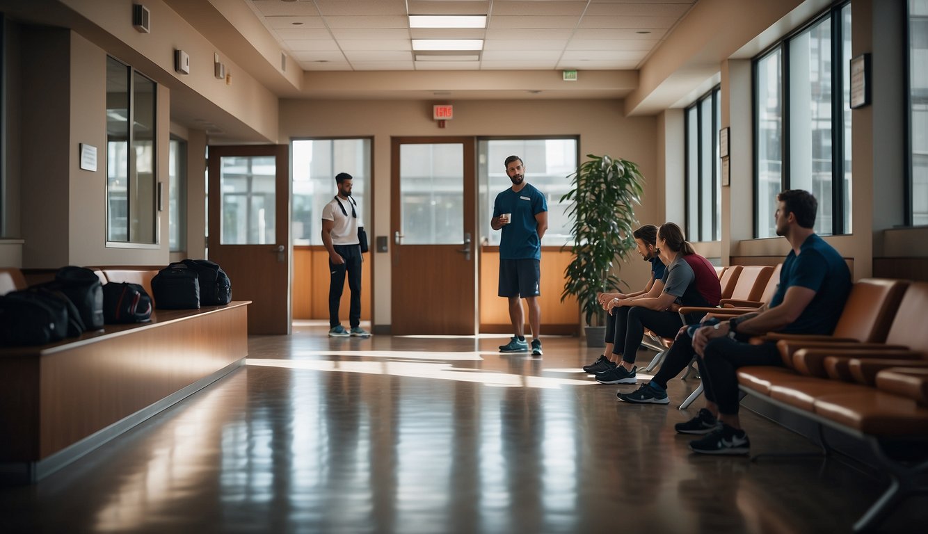 Athletes in a waiting room, sport equipment scattered, doctor's office door open