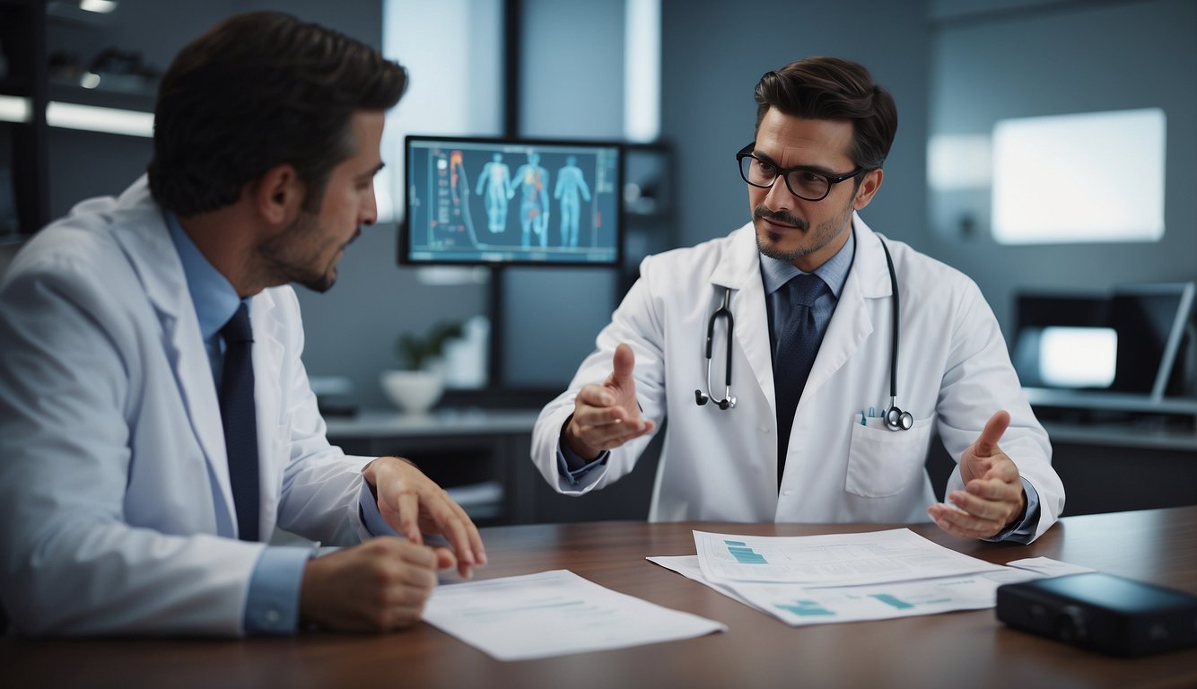 A sports medicine doctor discussing treatment options with a patient, surrounded by medical equipment and charts