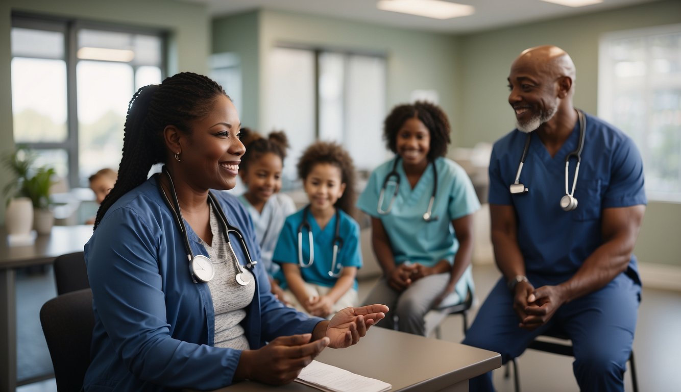 A sports medicine doctor consulting with diverse patients, including children, seniors, and individuals with disabilities, in a welcoming and accessible clinic setting