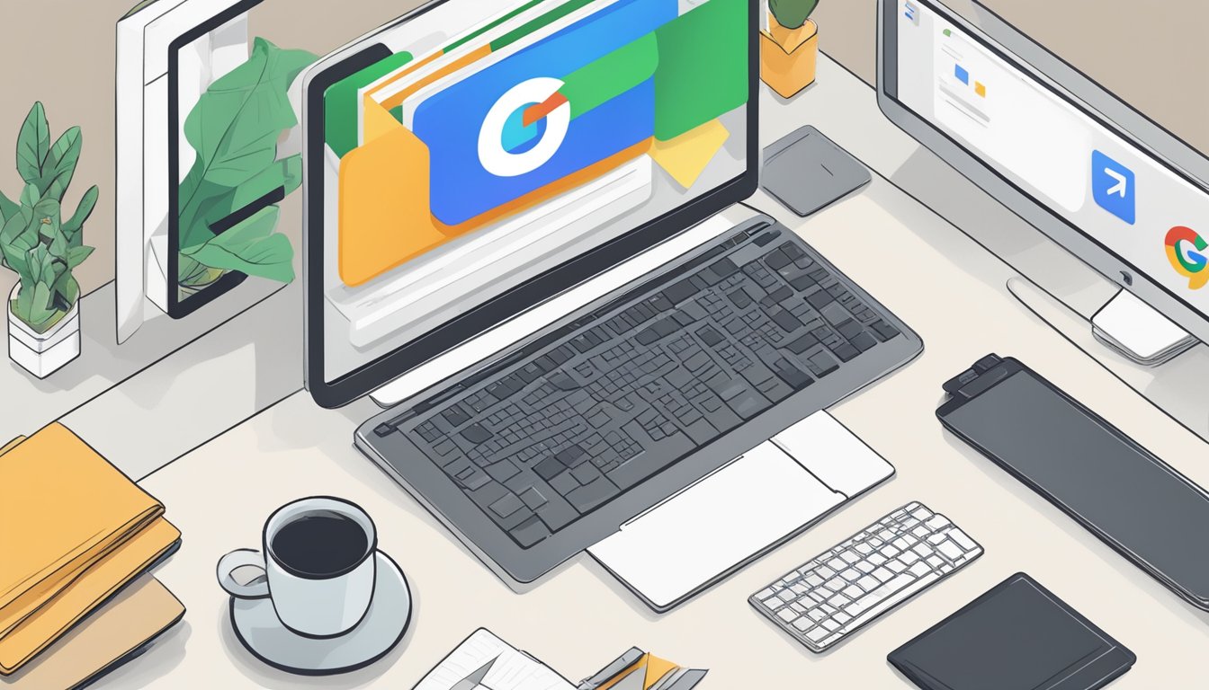 A computer screen displaying the Google 'Min Bedrift' account creation page with a cursor clicking on the 'Opprette konto' button