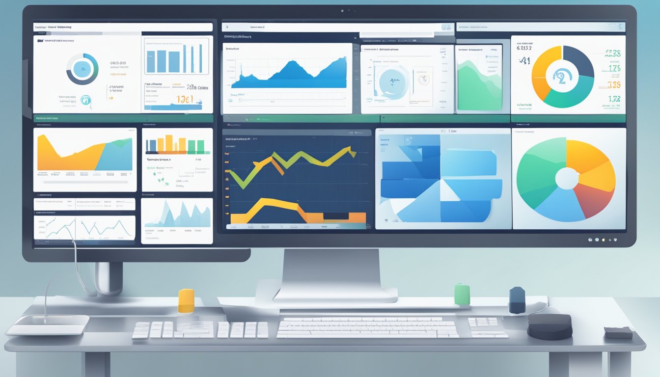 A computer screen displaying the 'Min Bedrift' dashboard with various analytical tools and data charts