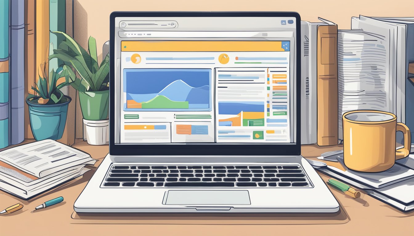 A laptop with a "Min Bedrift" website open, surrounded by SEO strategy books and Google search results