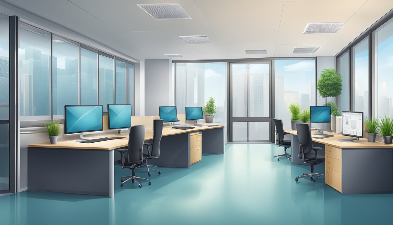 A secure office with a locked door and privacy settings on computer screens